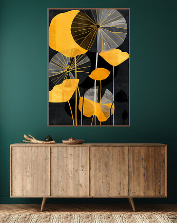 Liście lotusu - Plakat, druk - Chiński Orient, Harmonia Zen, Wabi Sabi #110, Black Sapphire Art