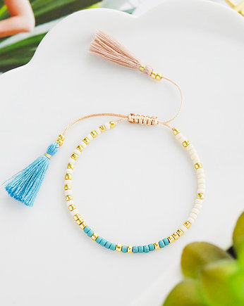 Bransoletka na sznurku kremowo-niebieska, Ilovehandmade
