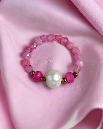 Pierścionek : PINK vol.2 : perła, agat, jadeit, kaktusia