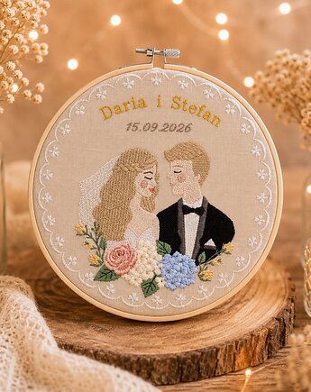 Personalizowana pamiątka ślubna, haft w tamborku, Plasun