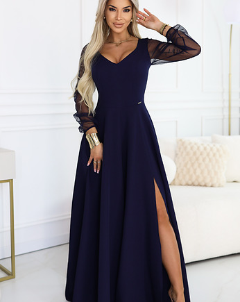 640-3 LORETTA Długa sukienka z tiulowymi rękawami i dekoltem - granatowa, NUMOCO