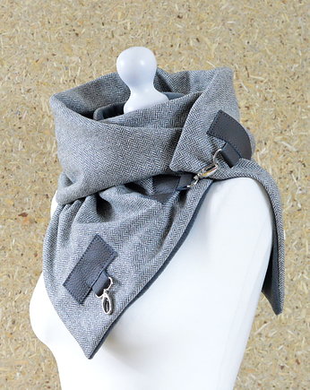 Szal wełna w jodełkę ze skórą Unisex -Szary, Green Sheep