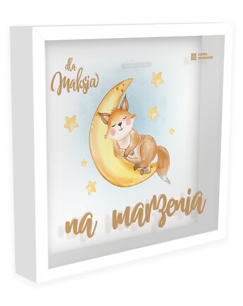 Ramka Skarbonka - Na marzenia - śpiący lisek - z imieniem dziecka, Ramka Skarbonka