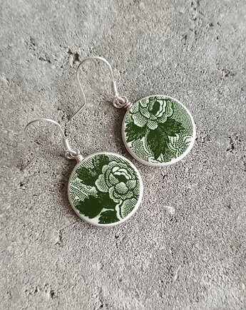 Kolczyki ceramiczne w zielone kwiaty, biżuteria z talerzy