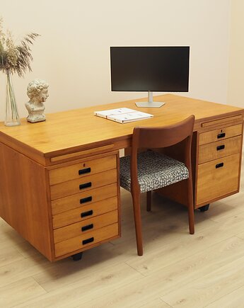Biurko tekowe z szufladami i wysuwanymi blatami, Nipu, lata 70., Przetwory design