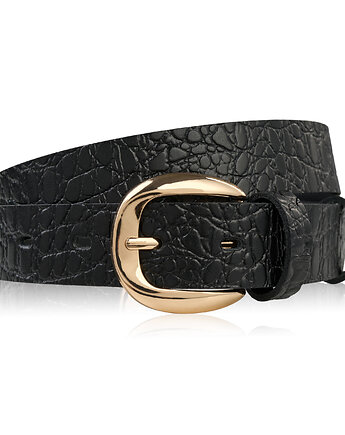 Pasek damski skórzany 100 cm do spodni wąski czarny croco złota klamra PG-12-, Paolo Peruzzi