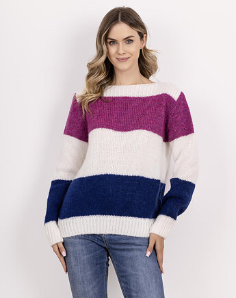 Sweter w szerokie, kontrastowe pasy - SWE290 ecru/kobalt/fuksja MKM, MKMswetry