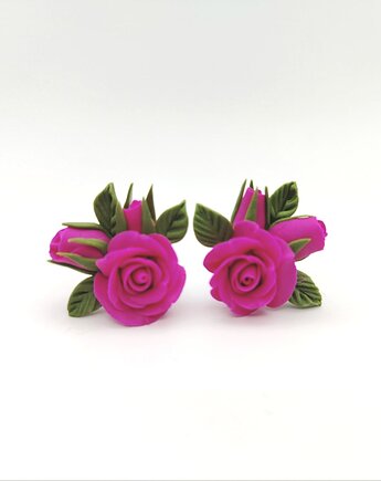 Kolczyki sztyfty z różowymi różami, pączkami i listkami, ręcznie robione, Albina LaBelle