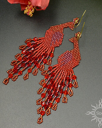 Pawie czerwone, kolczyki z frędzlami, beading, Sol