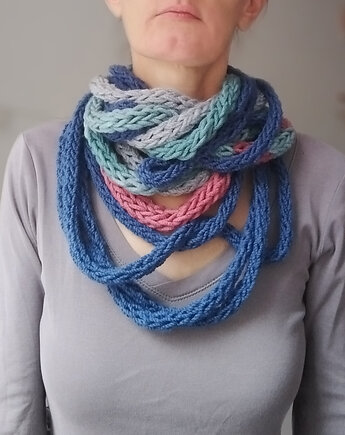 Szal/zamotka szalik szaro niebiesko turkusowy, Barbórka Design