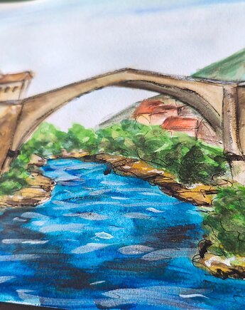 Mostar miasto most Bośnia pejzaż rzeka obraz akwarela 21x30, kkjustpaint Karolina Kamińska