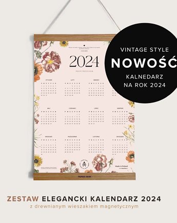 Zestaw Kalendarz Ścienny VINTAGE 2024 z Drewnianym Wieszakiem Magnetycznym, PaperDesk