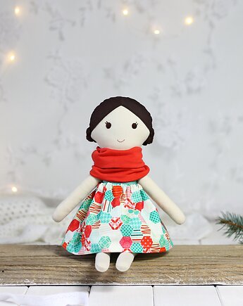 Lala turkusowa w spódniczce w geometryczne wzory, szycioteka