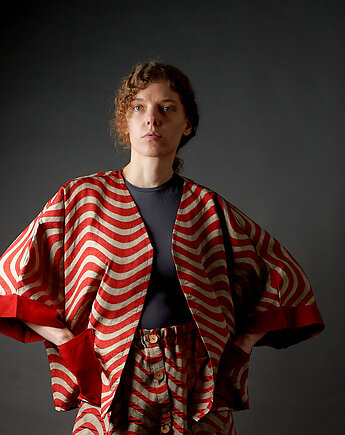 Żakiet kimonowy patchworkowy w kolorze bordowo - srebrnym, soie star