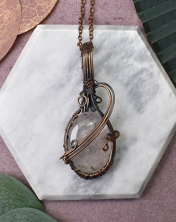 Miedziany wisiorek wire wrapping z różowym kwarcem #240, Spirit Of Copper