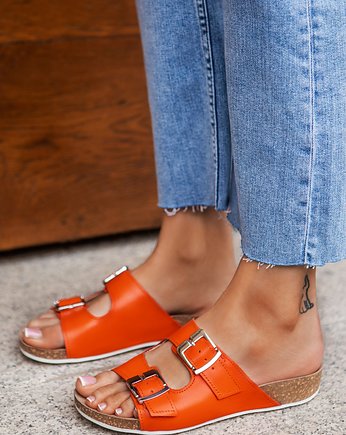 KLAPKI NA KORKOWEJ PODESZWIE - SKÓRA NATURALNA - MODEL 340 - KOLOR GREJPFRUT, Zapato