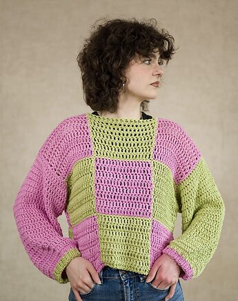 Całoroczny sweter oversize w kratę róż zieleń - bawełna organiczna, DecMabu