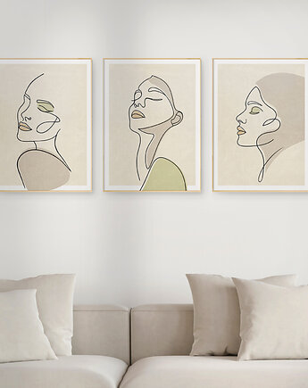 Zestaw 3 stylowych plakatów w stylu Boho, kobieta, twarz, line art., Grawisfera