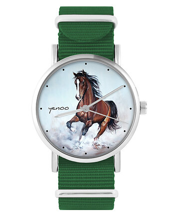 Zegarek - Koń brązowy - zielony, nylonowy, yenoo