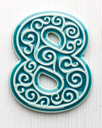 Numer mieszkania - ceramiczna cyfra 8 turkusowa, wys.8 cm, pracowniazona