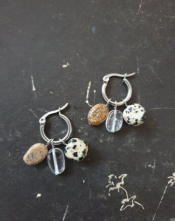 Kolczyki TRIO kryształ górski, jaspis obrazkowy, jaspis dalmatyński, modesign