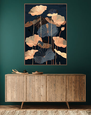 Liście lotusu - Plakat, druk - Chiński Orient, Harmonia Zen, Wabi Sabi #84, Black Sapphire Art