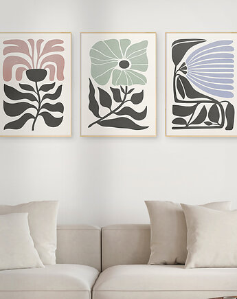 Zestaw 3 plakatów z motywem abstrakcyjnych kwiatów, oryginalne, w stylu retro., Grawisfera