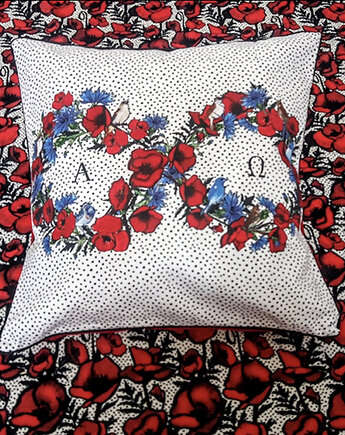 PODUSZKA dekoracyjna autorski wzór: wianek polne kwiaty maki w kropki, NAWROTANKA