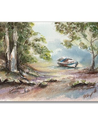 Akwarela ręcznie malowana "Nad jeziorem", Galeria Alma