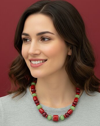 Unikatowy naszyjnik z dużymi kamieniami koral i jadeit srebro 925, Yamira Art Studio