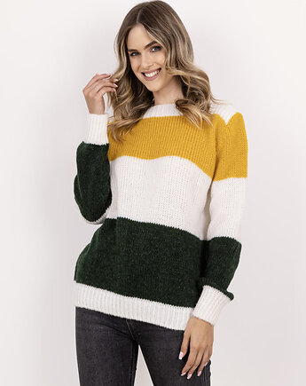 Sweter w szerokie, kontrastowe pasy - SWE290 ecru/ciemny zielony/żółty MKM, MKMswetry