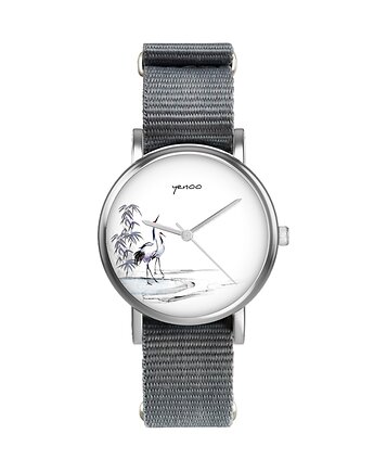 Zegarek mały - Japońskie żurawie sumi-e - nylonowy, szary, yenoo