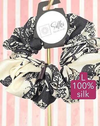 L średnia gumka do włosów jedwab naturalny scrunchie czarna kremowa, Silki