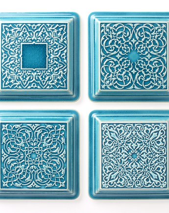 Dekory z ramą, kafle do zawieszenia, cztery ornamenty, turkusowe, pracowniazona