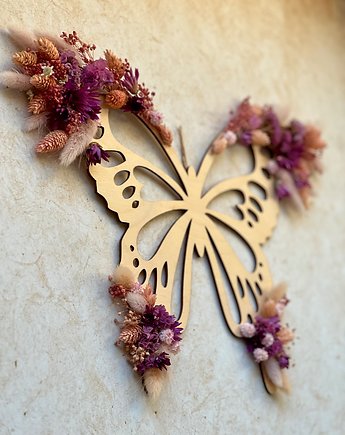 Ażurowy drewniany motylek z suszonymi kwiatami, prezent, Rosa
