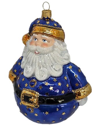 Szklana bombka ręcznie malowana niebieski kulisty Mikołaj w kropki, STARGLASS