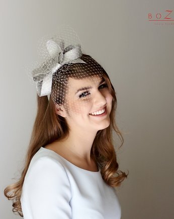Srebrna kokarda na głowę z woalką, BOZKA Luxury Handmade