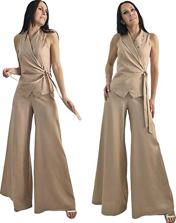 Letni komplet damski kamizelka i szerokie spodnie palazzo camel, MM FASHION