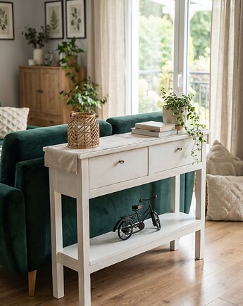 Konsolka komoda drewniana biała przecieranay 2 szufladami vintage regał Mel, PiorunowoSzafa