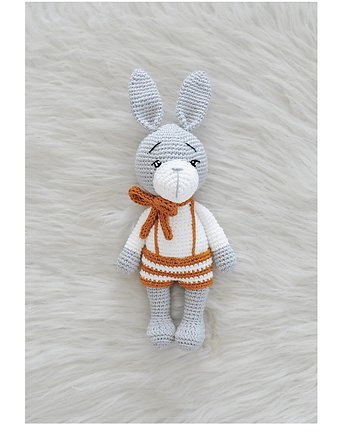 Zając z kokardą - popiel/musztarda, OKAZJE - Prezent na Baby shower