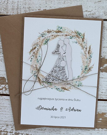Rustykalna kartka ślubna ręcznie robiona w kopercie A5 boho, sorte