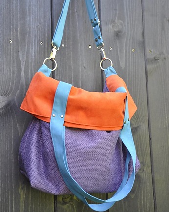 Torba na ramię-color block-fiolet,pom.,turkus, PRACOWNIA 166