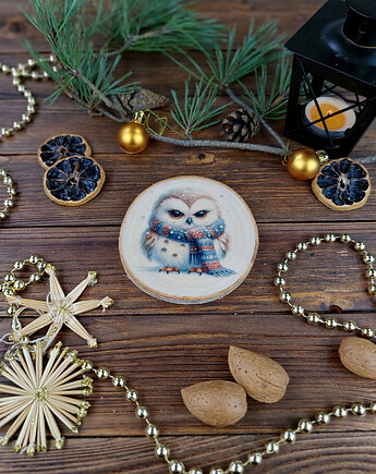 Brzozowa podkładka pod kubek, świąteczna zawieszka - sówka, Manufa