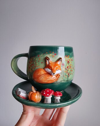 Kubek z lisem plus spodek z grzybkami, las, jesień, Sztuka Dzielna