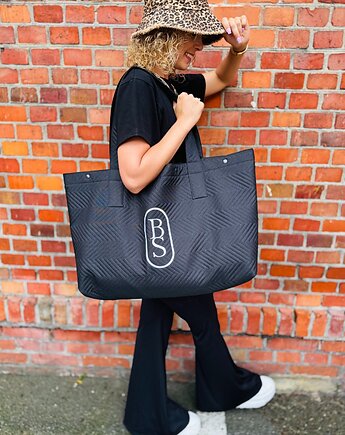 Torba typu Shopper Bag czarna pikowana z haftem large size, BejbiStory