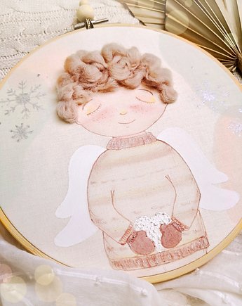 Obrazek zimowy aniołek, pamiątka na chrzest roczek narodziny dziecka, gingerolla