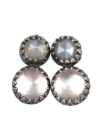 Srebrne kolczyki retro z kwarcem różowym i kamieniem księżycowym, Blooming Stones