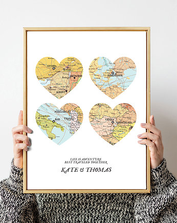 Plakat Personalizowana mapa PODRÓZE serca 4 miejsca, wejustlikeprints