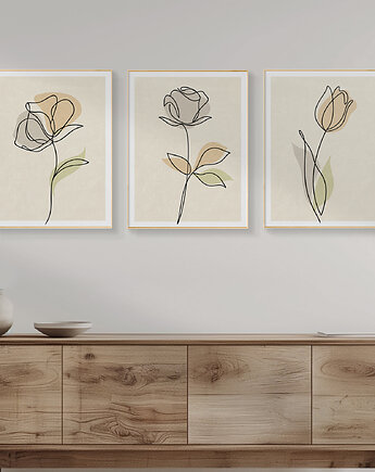 Zestaw 3 stylowych plakatów w stylu Boho, kwiaty, rośliny, liście, line art., Grawisfera