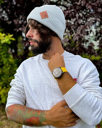 Męska bawełniana czapka beanie logo ekoskórka Jasny szary, Brain Inside